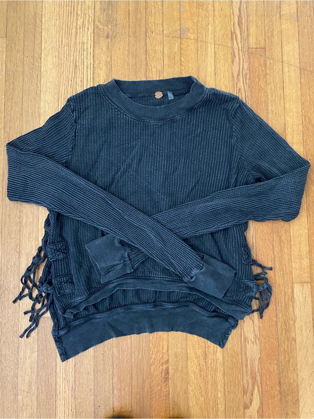 Free People Black Waffle Knit Fringe-Side Pullover